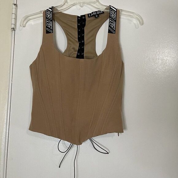 I AM GIA tan brown corset cinch back logo top size Medium - Picture 6 of 6